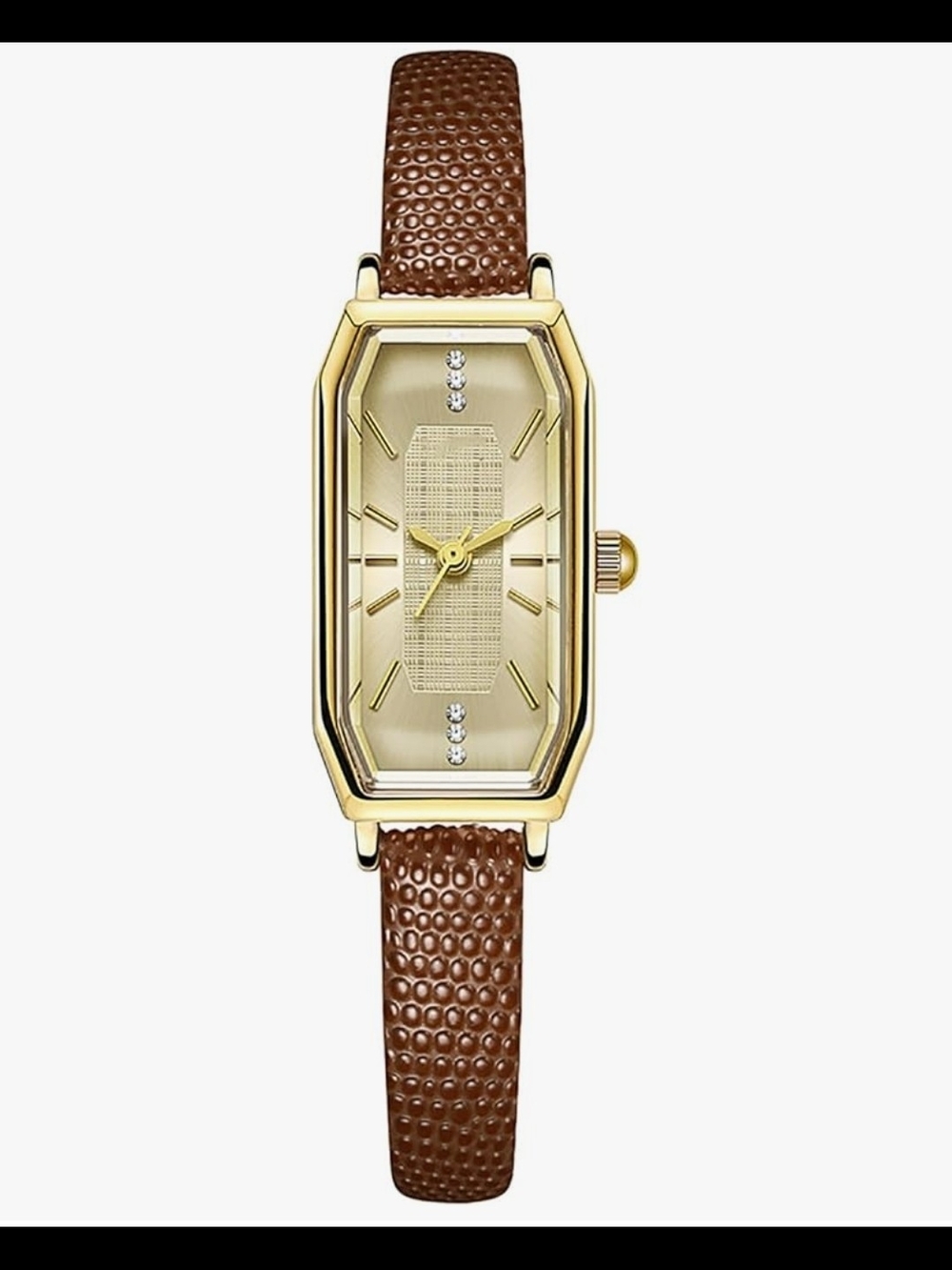 Vintage Gold-Tone Rectangular Dial Watch w/ Brown Textured Leather Strap